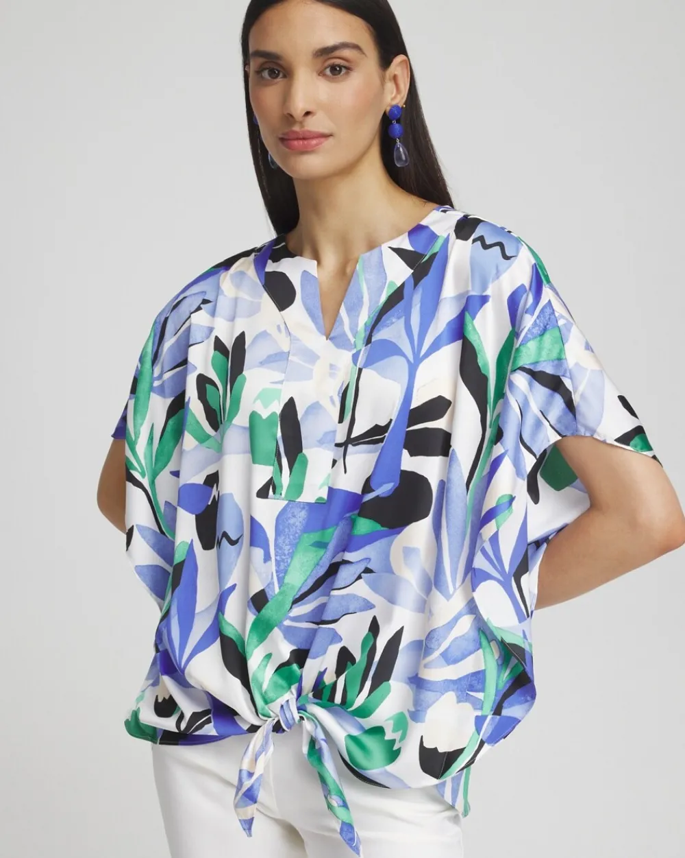 Best Sale Tropical Satin Tie-Front Tunic Tops