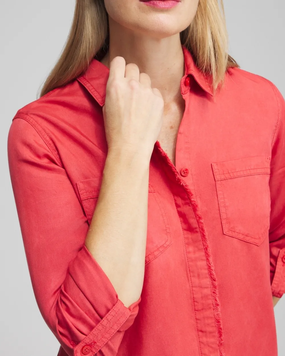 Hot Twill Fringe Hem Shirt Tops