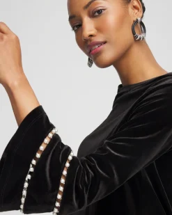 Clearance Velvet Faux Pearl Embellished Tunic Tops